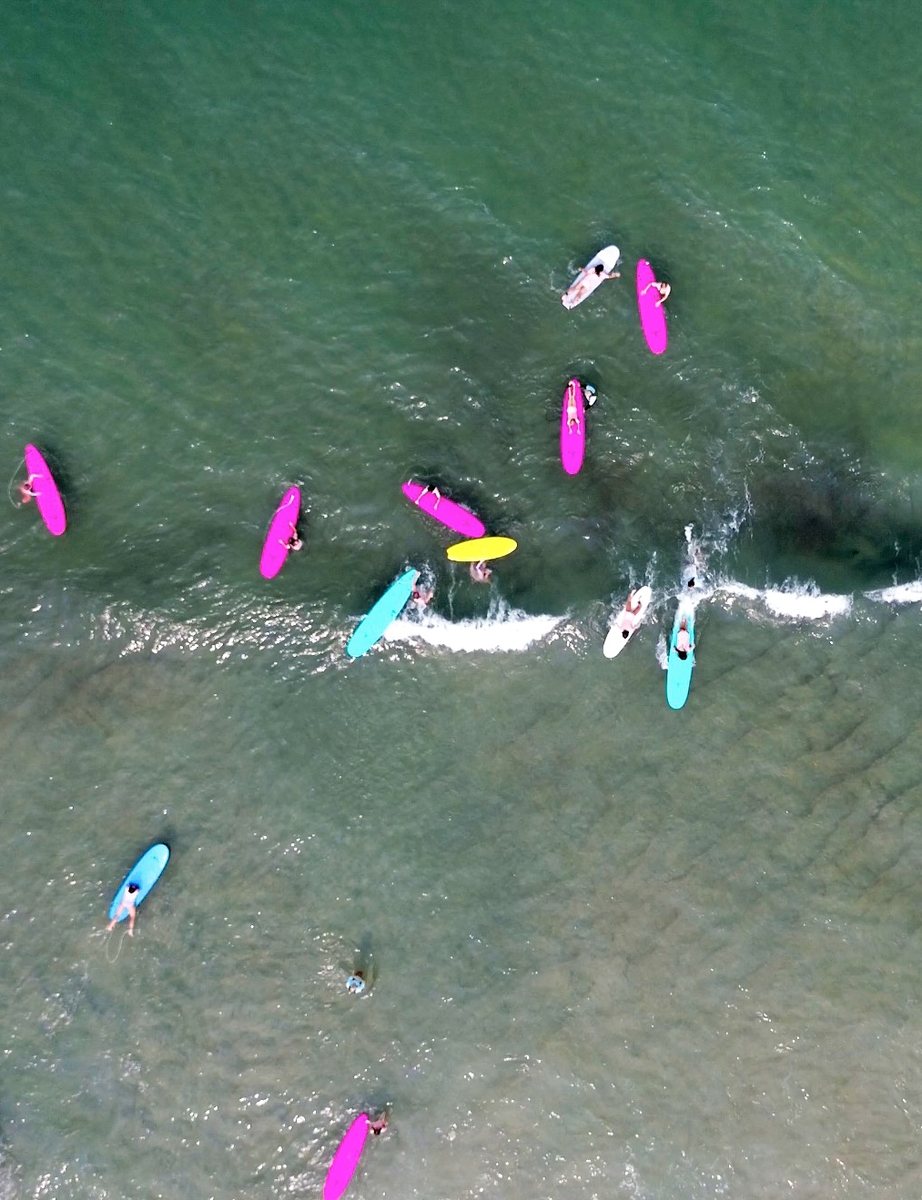 Campers on pink, teal and yellow boards seen from above